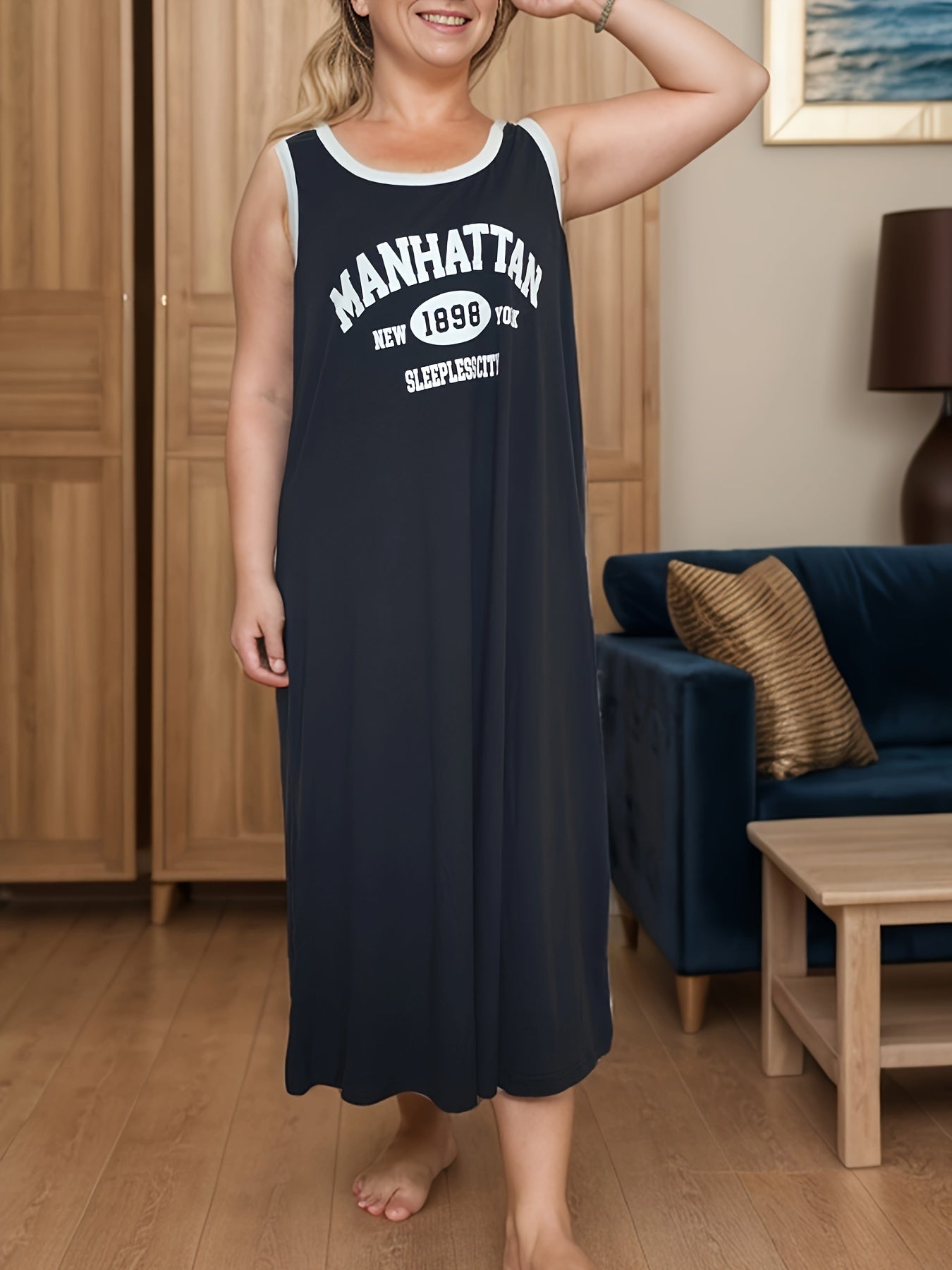 Plus Size Women's Casual Sleeveless Tank Dress with White Letter Print
