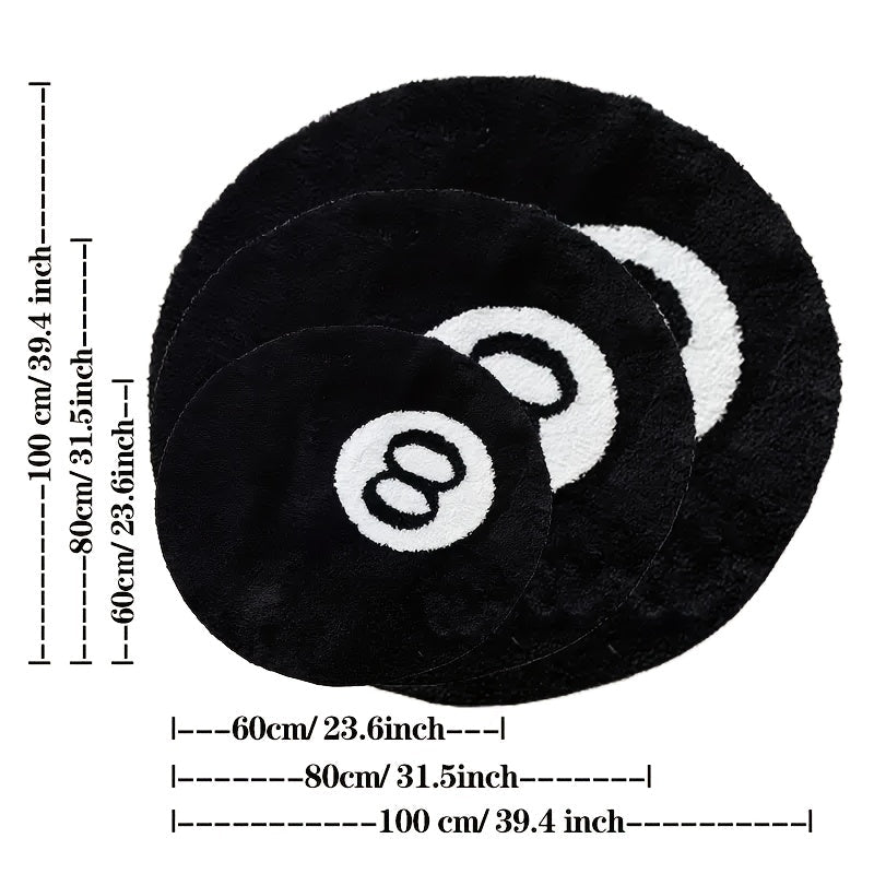 Black Round Rug Plush Bathroom Mat 8-Ball Pattern Non-Slip Floor Decor