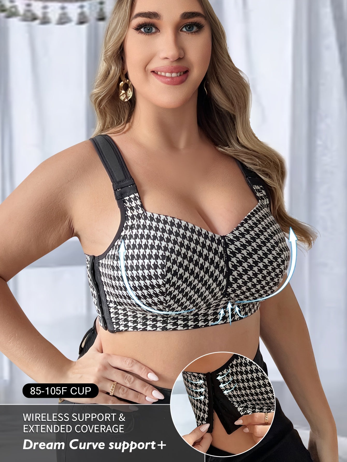 Plus Size Houndstooth Bralette Wireless No Padding Medium Stretch Knit Fabric