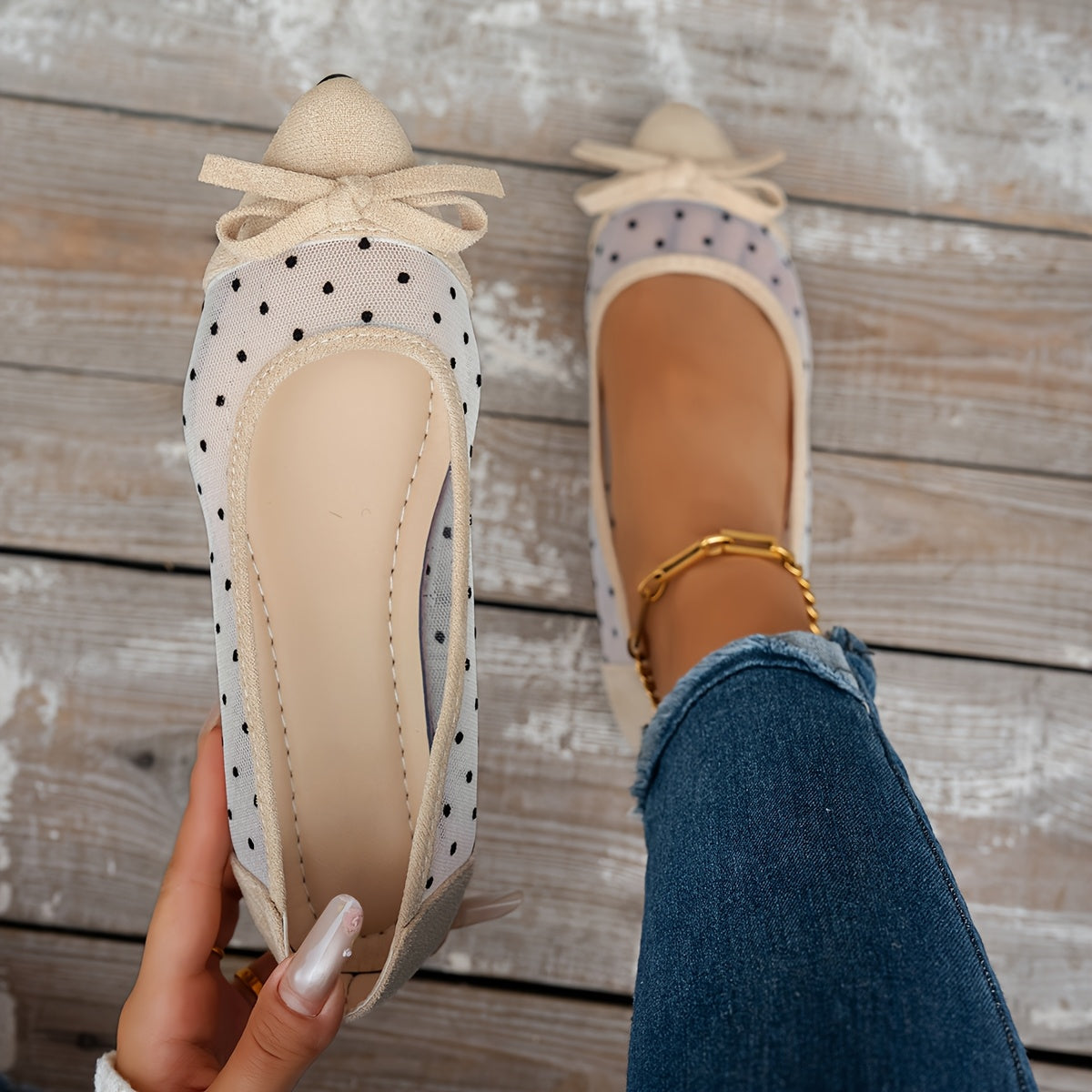 Women's Black Pointed Toe Slip-On Loafers with Bow and Polka Dot Net Fabric