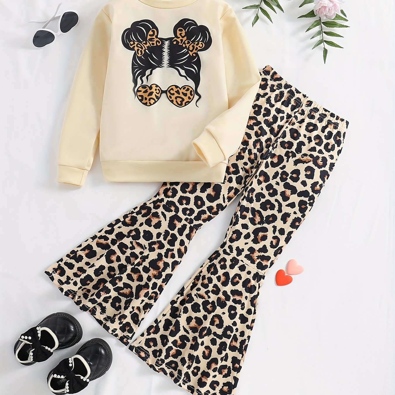 Girls' 2-Piece Outfit Sweatshirt and Leopard Flared Pants with Sunglasses for Spring Fall Kids