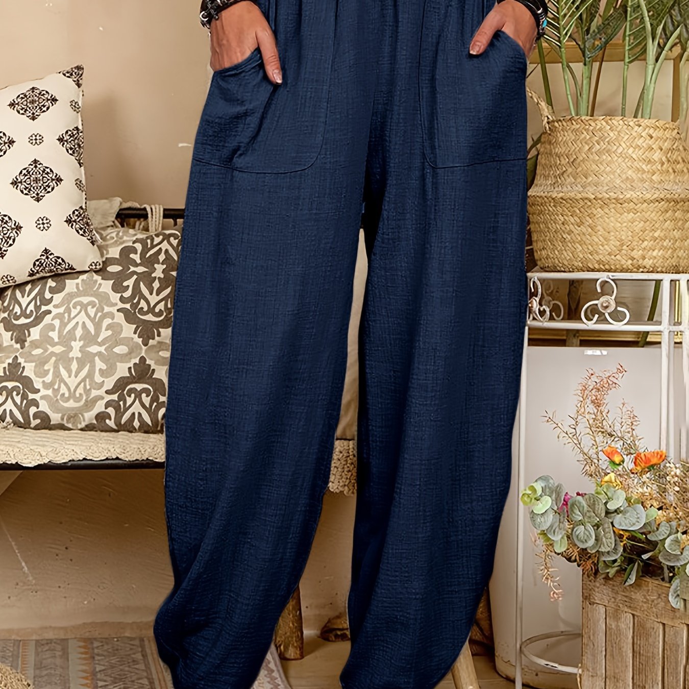 Plus Size Polyester Harem Pants with Elastic Waist Pockets for All Seasons