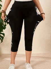 Women's Floral Print High-Waist Capri Leggings Stretchy Non-See-Through