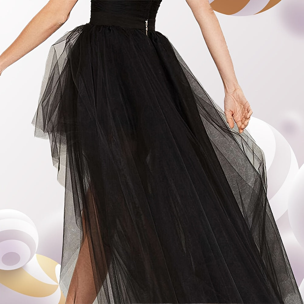 Ayollar uchun qora yuqori-pastki shaffof gauze yubkasi, to'ylar va bayramlar uchun