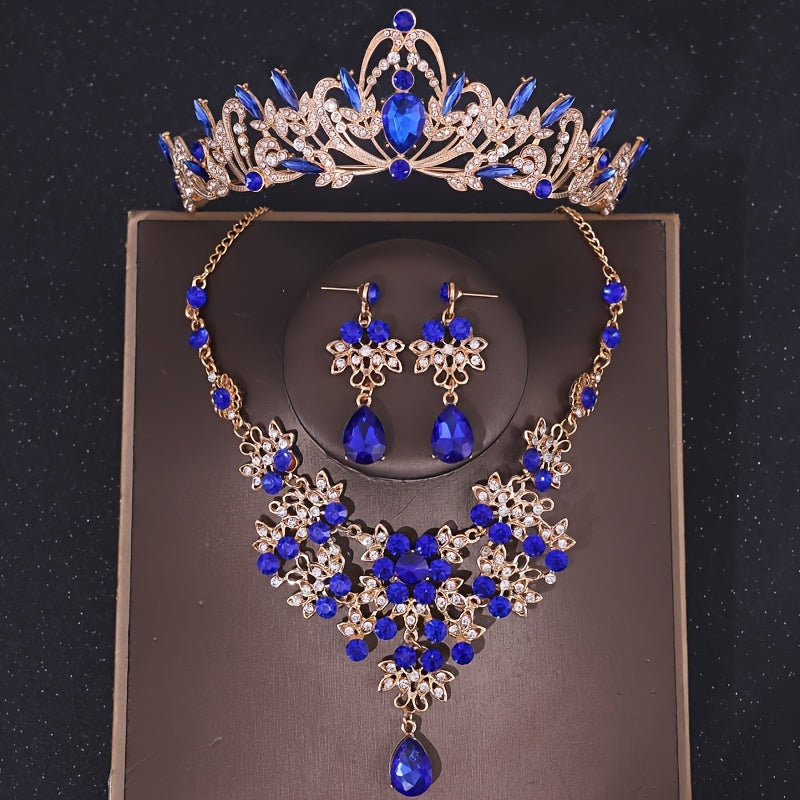 Elegant Wedding Jewelry Set with Crown Necklace and Earrings Green Rhinestones Bridal Accessories for Women