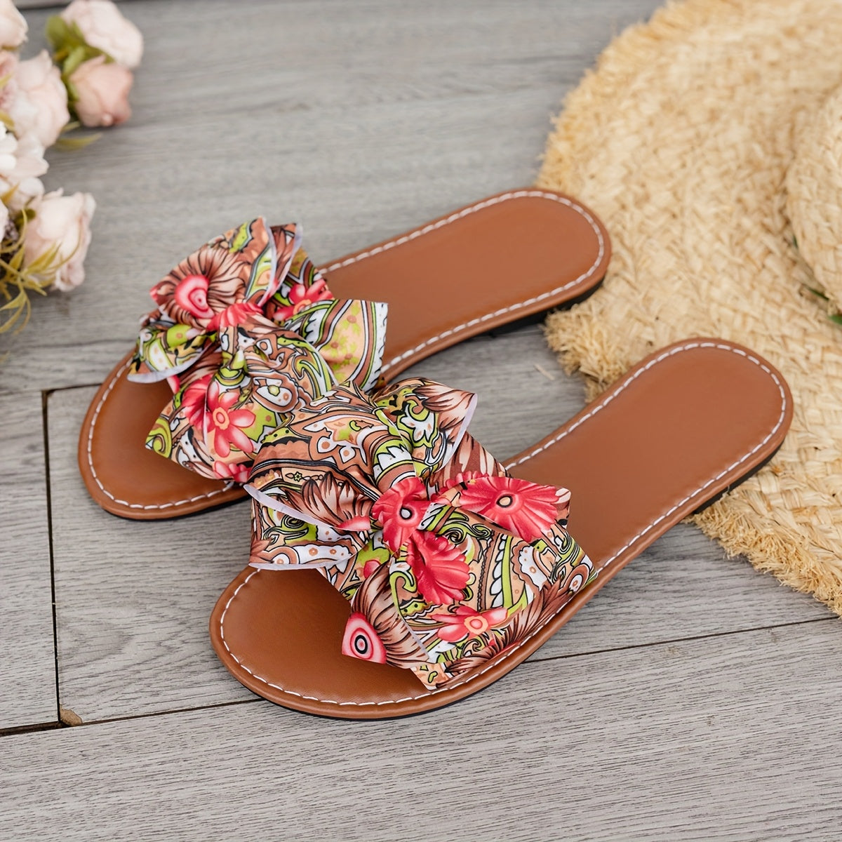 Women Bohemian Floral Slide Sandals Vibrant Blue Orange Green Strappy