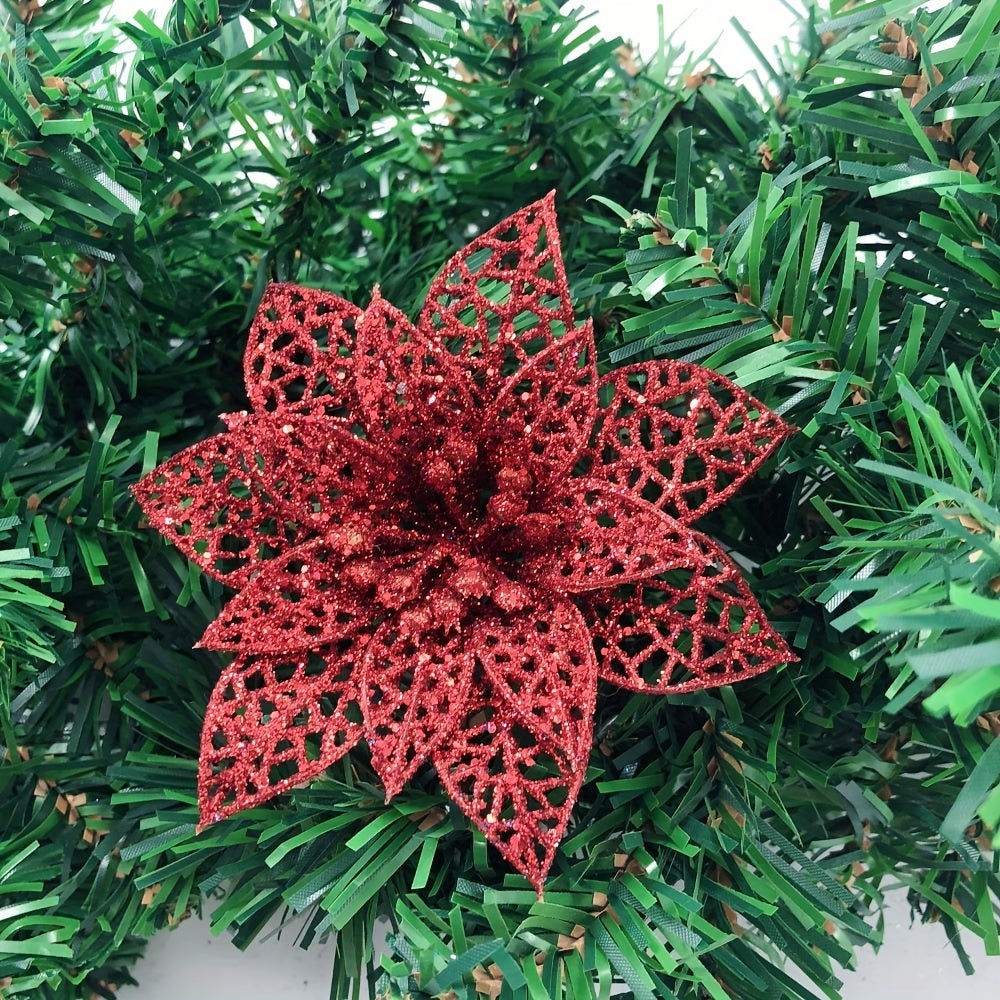 Artificial Two-Layer Hollow Golden Powder Christmas Flowers with Clips, 11cm, for Tree and Wreath Decoration