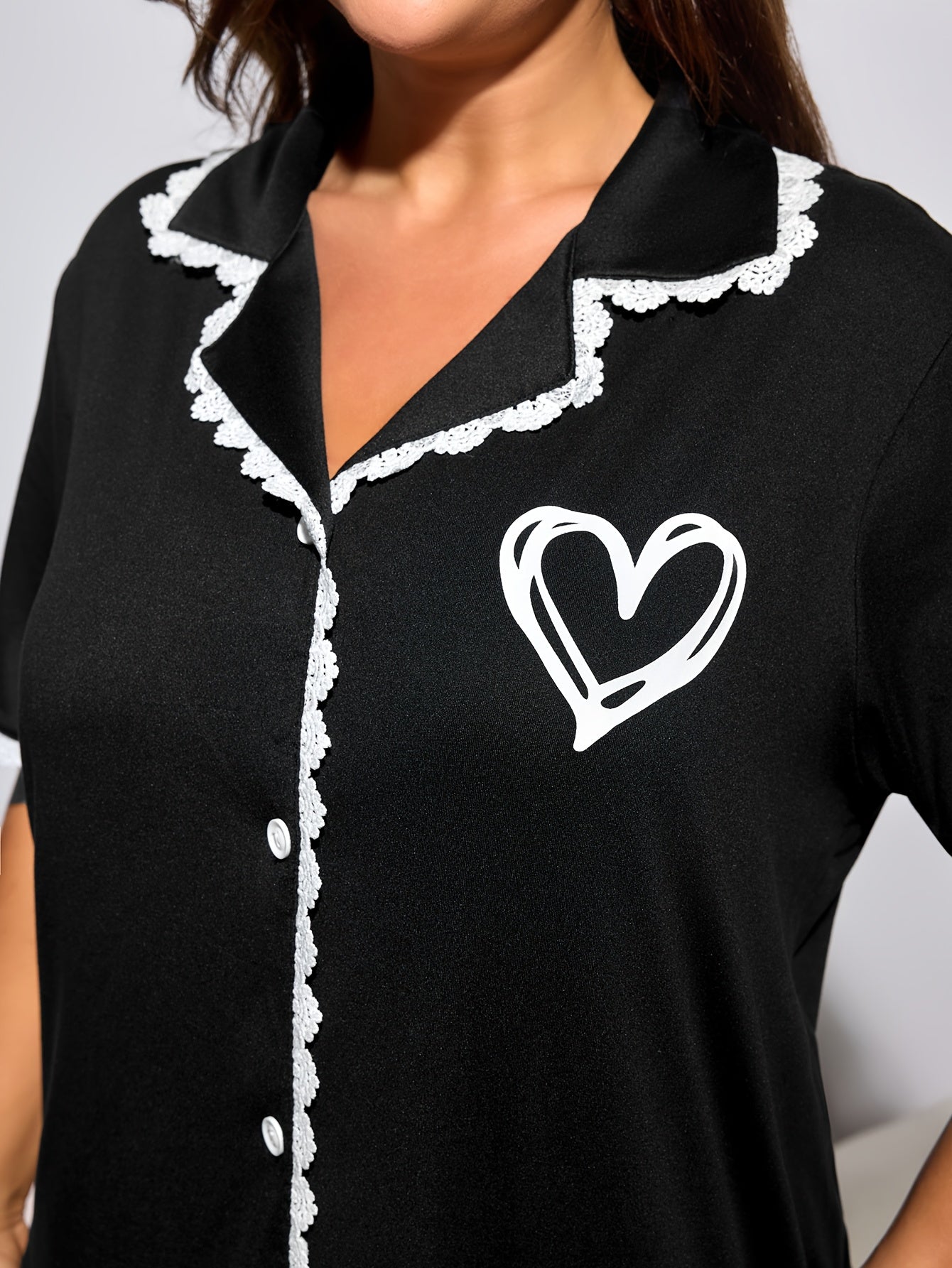 Plus Size Women's Sleep Dress Lace Trim Heart Print Short Sleeve Nightgown Black