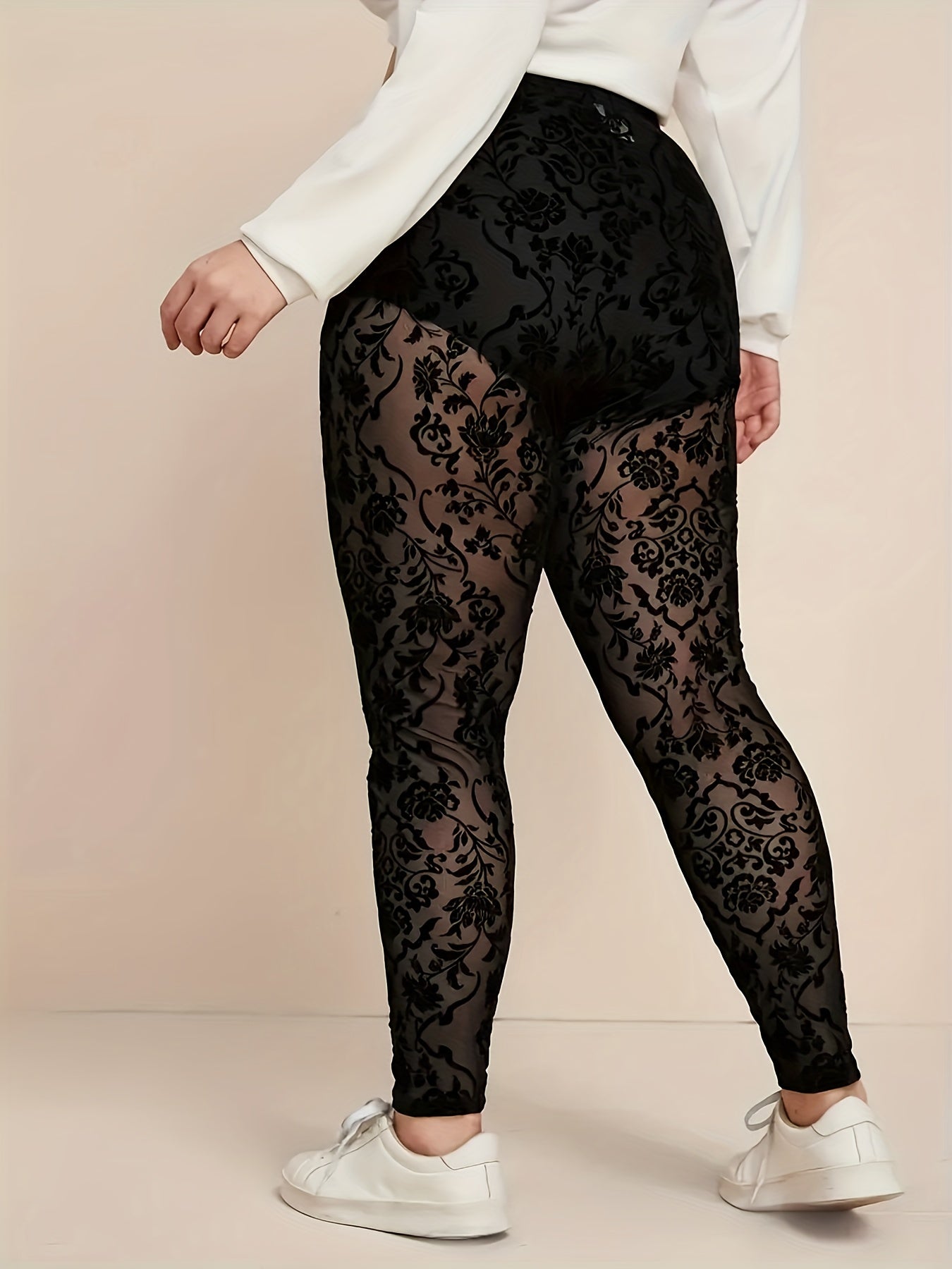 Plus Size Women's Sheer Floral Print High-Waisted Leggings Stretchy All-Season