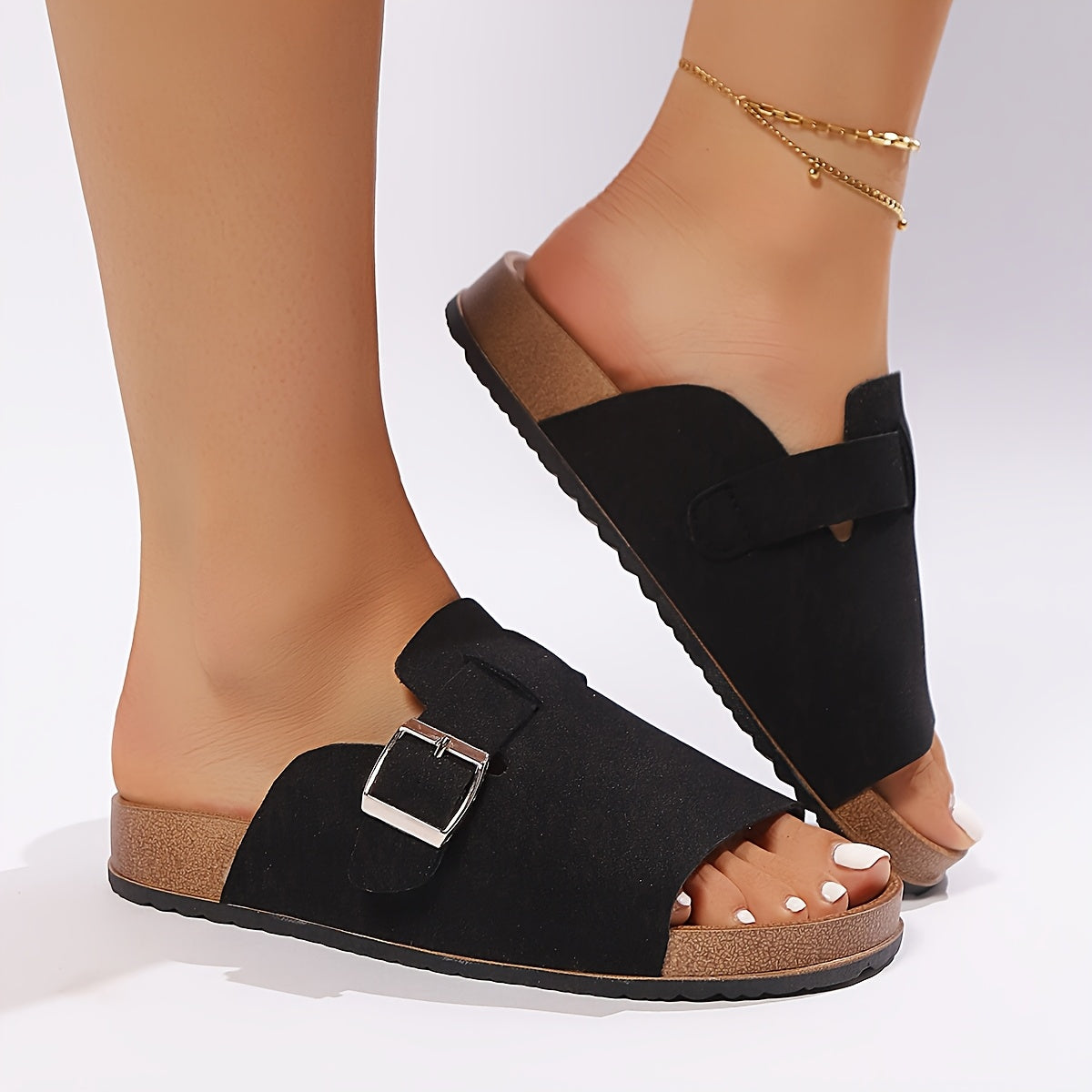 Women's Black Microfiber Mules Clogs with Buckle Strap Spike Heel