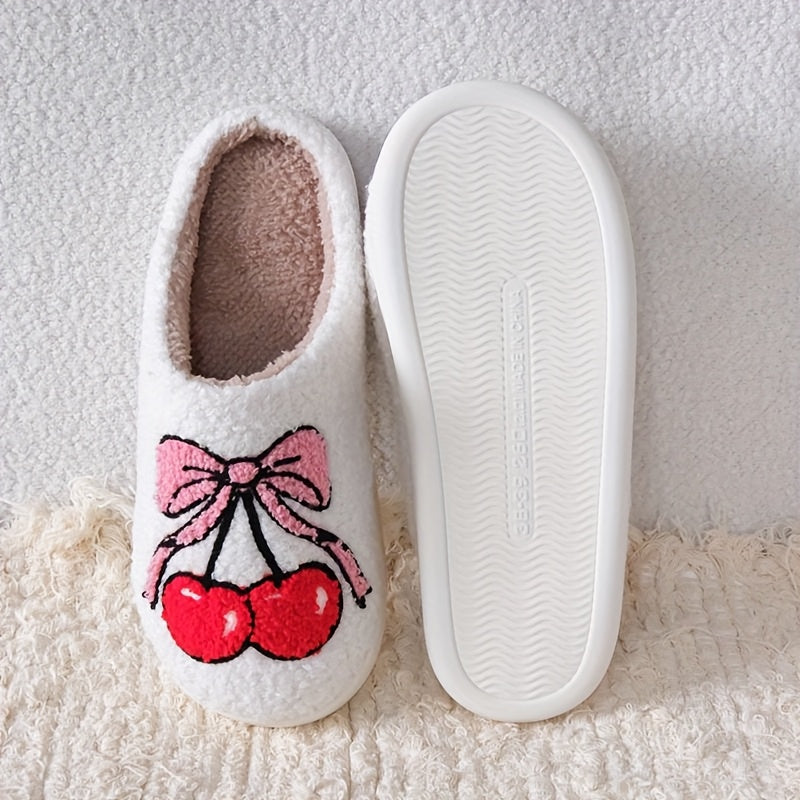Unisex Plush Fluffy Slippers With Cherry Bowknot Pattern Indoor Fuzzy Shoes