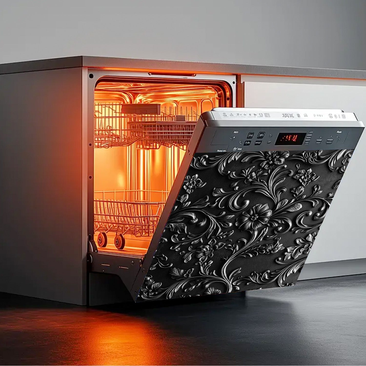 Black Floral Pattern Dishwasher Magnet Cover Waterproof Heat-Resistant PVC Kitchen Decor