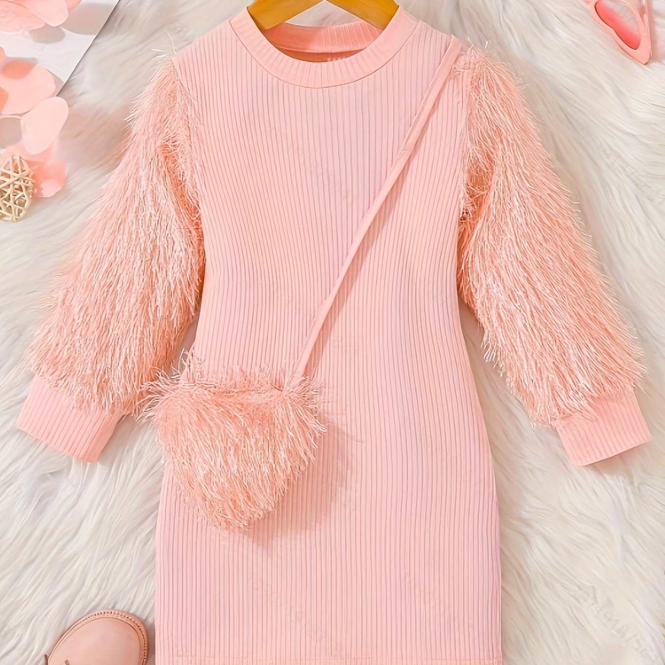 Girls' Pink Tassel Sleeve Dress with Bag Detail for Spring and Fall