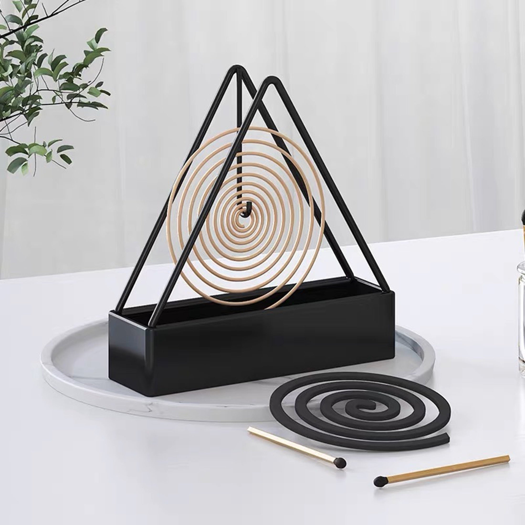 Black and Green Metal Triangle Mosquito Coil Holder with Spiral Design for Indoor and Outdoor Use