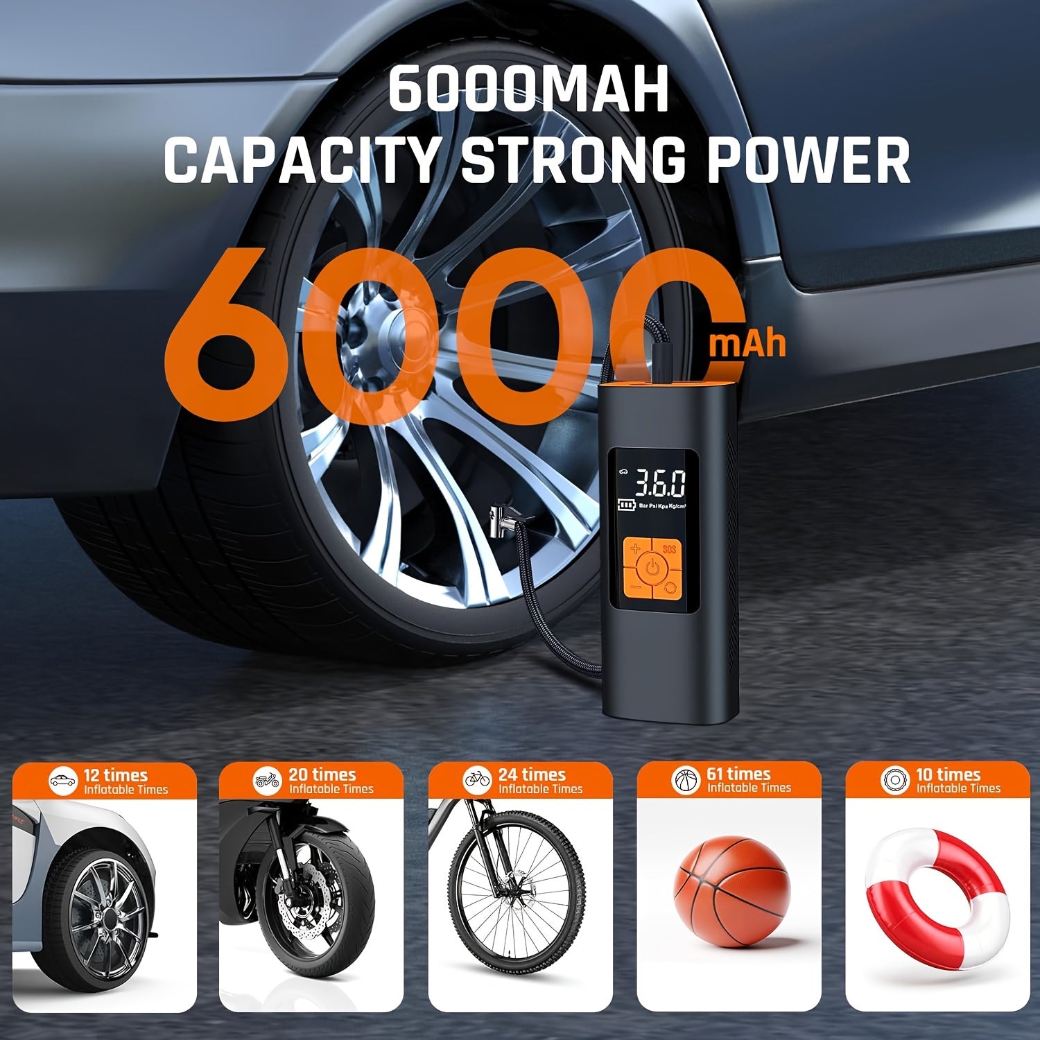 Портативный 6000мАч перезаряжаемый мини-компрессор для накачки шин для автомобиля и велосипеда