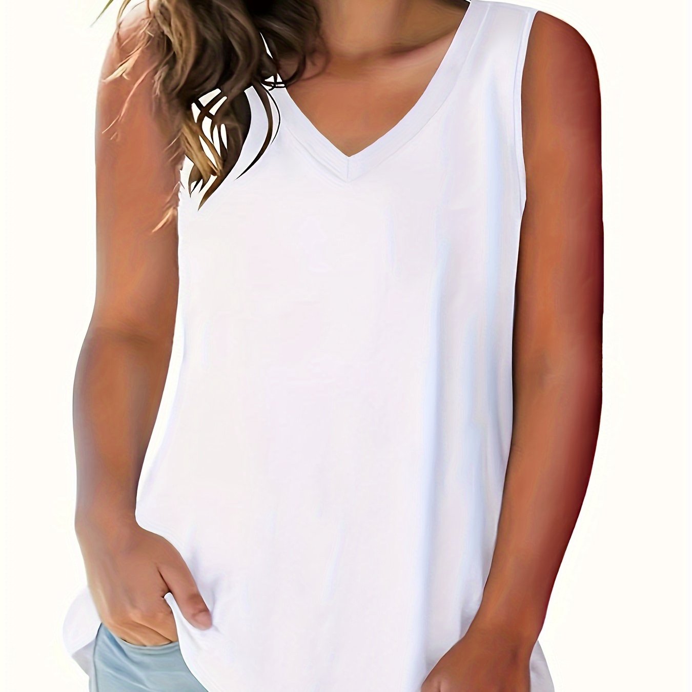 Women's V-Neck Sleeveless Tank Top Soft Stretch Semi-Sheer White Casual Formal Layering