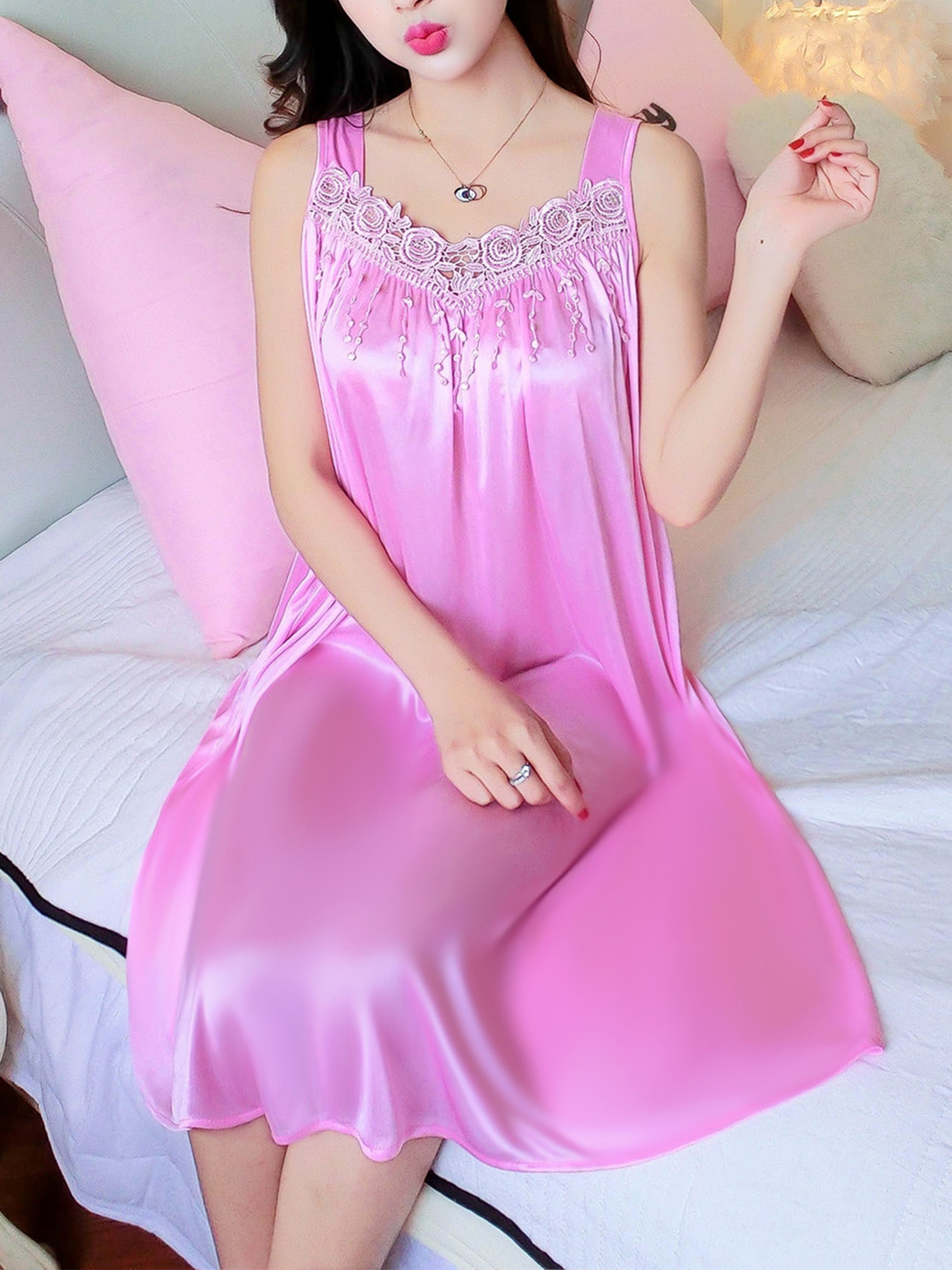 Plus Size Women's Spaghetti Strap Silk Sleep Dress Red Lounge Nightgown