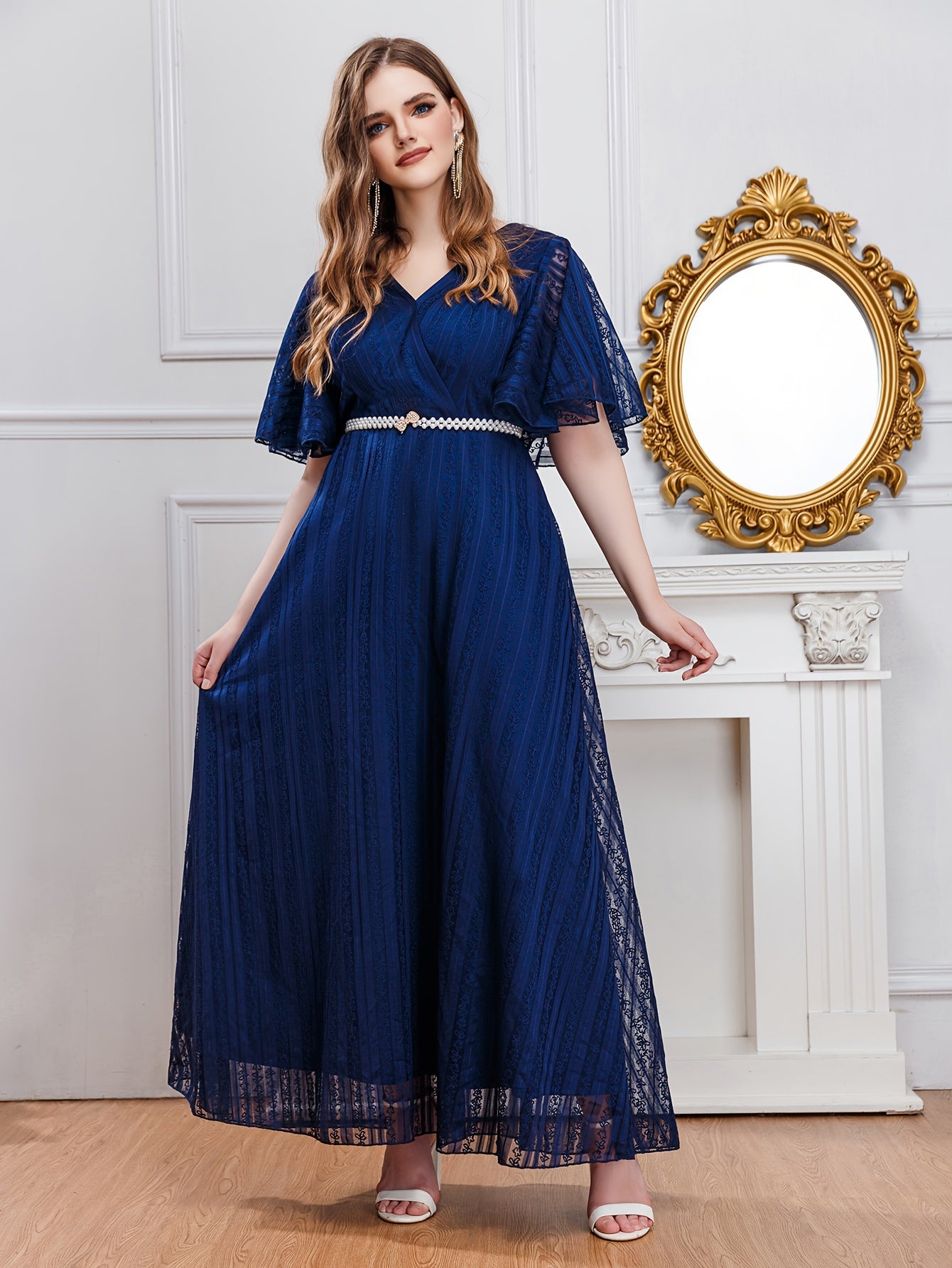 Plus Size Women's Polyester Evening Gown V-Neck Ruffles Pearl Belt