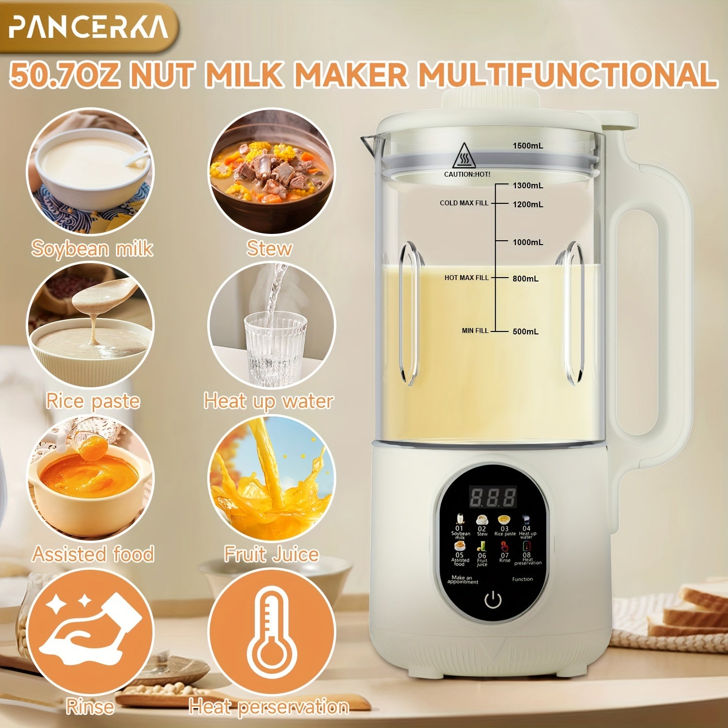 1500ml Nut Milk Maker 800W Yuqori tezlikdagi blender bodom, soya, yorma uchun