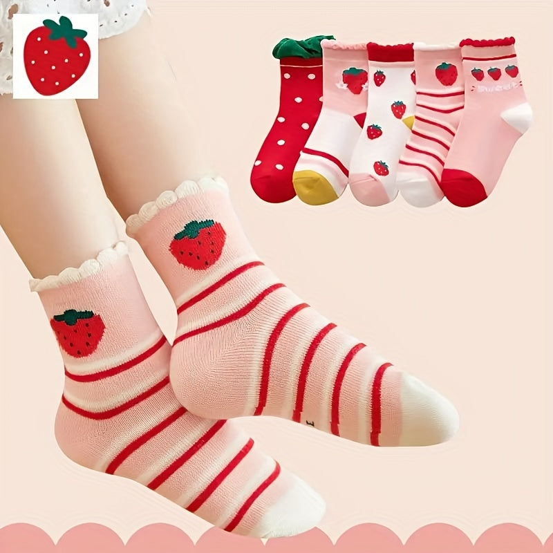 Children's Socks 5 Pairs Breathable Strawberry Style Knit Fabric Multicolor