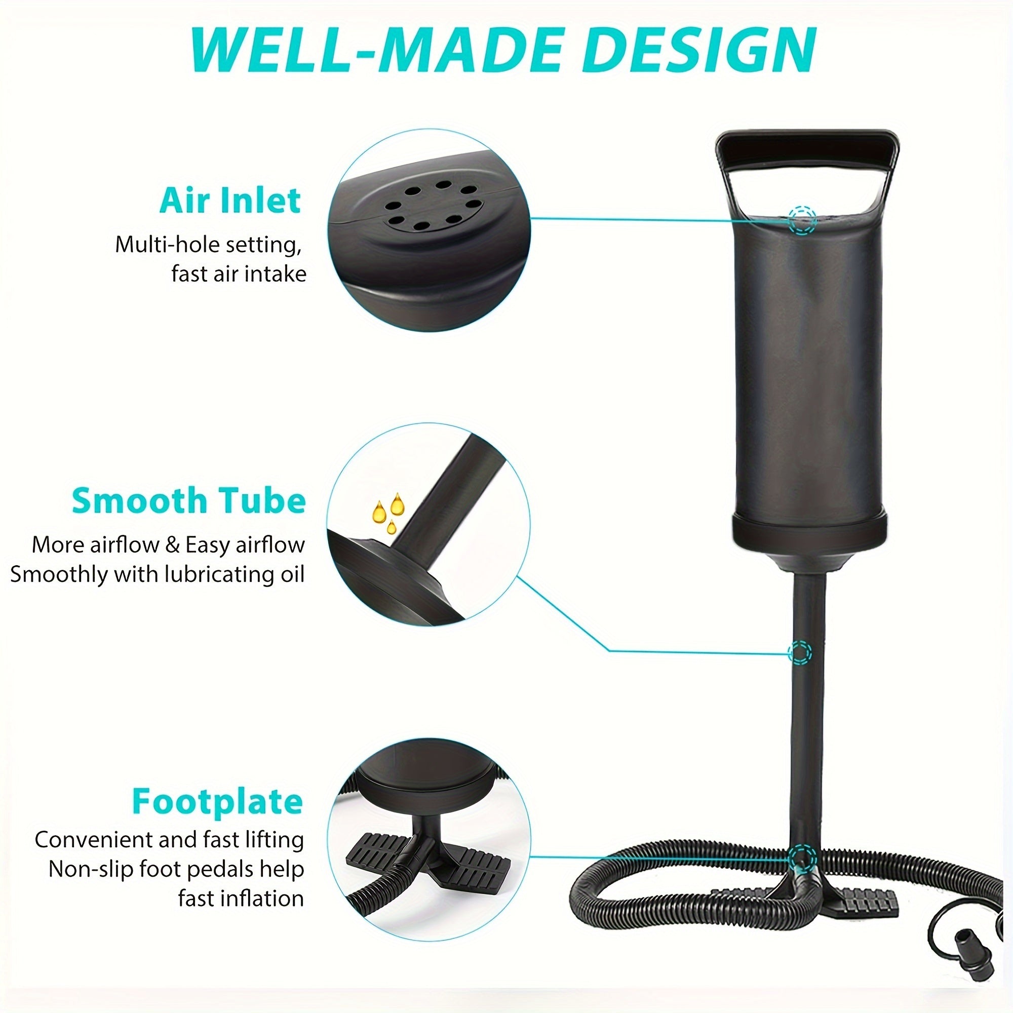 Чёрный портативный ручной насос с 3 адаптерами - идеально подходит для надувания кроватей, игрушек для бассейна, шариков и лодок.