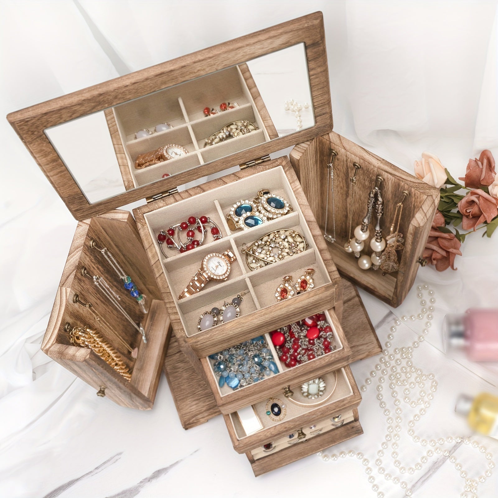 Organizador de joyas de madera rústica con espejo y 4 capas para anillos, pendientes y collares