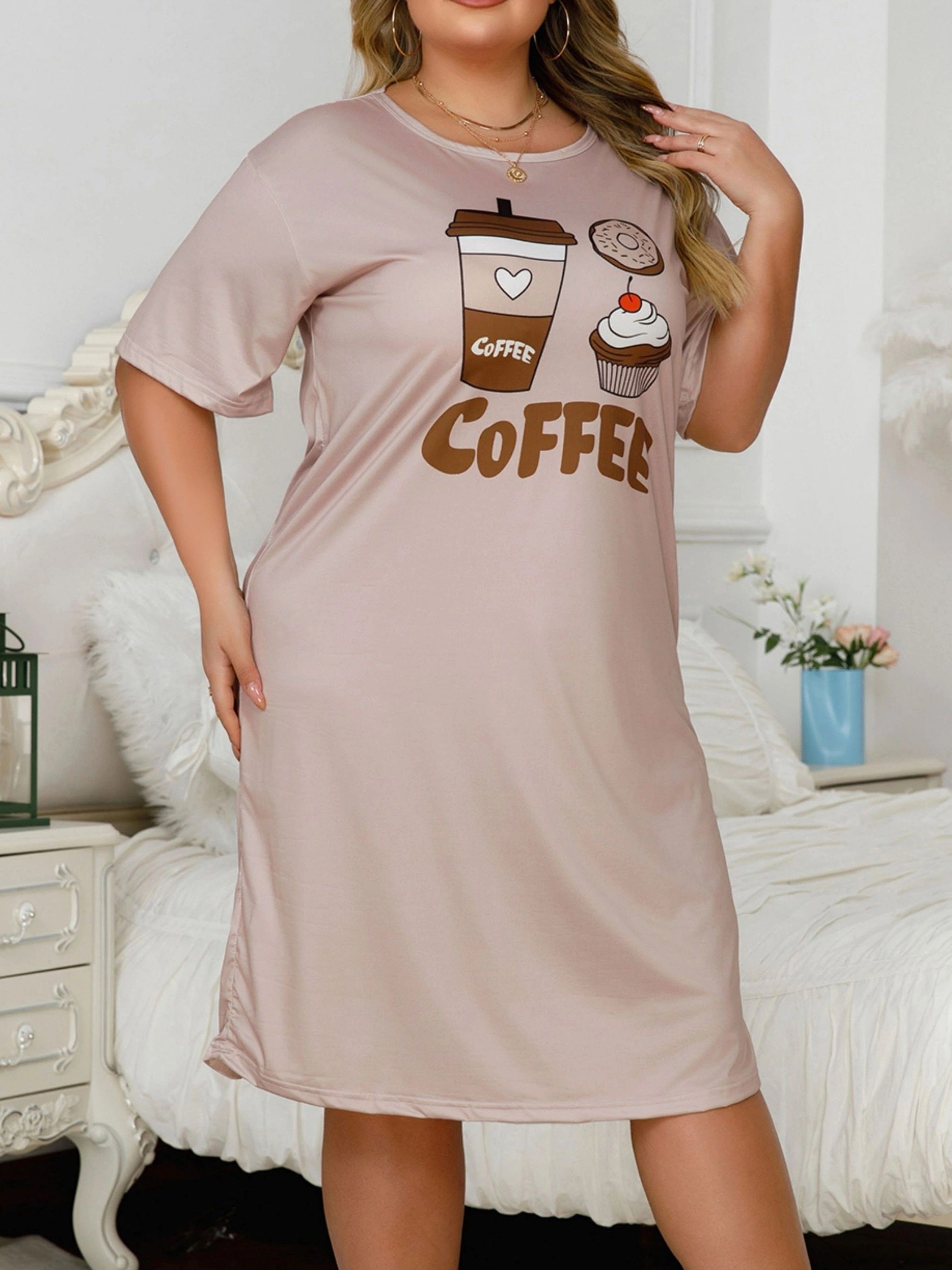 Women's Plus Size Coffee Cup Heart Print Sleep Dress Soft Short Sleeve Lounge Wear