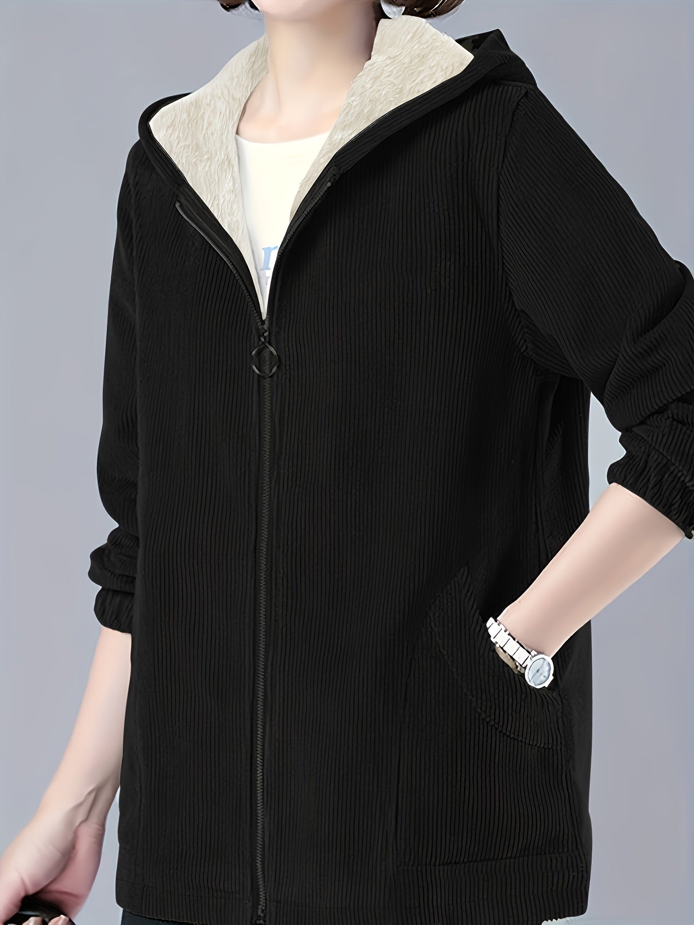 Plus Size Hooded Jacket for Women Fall Winter Solid Zipper Casual Polyester