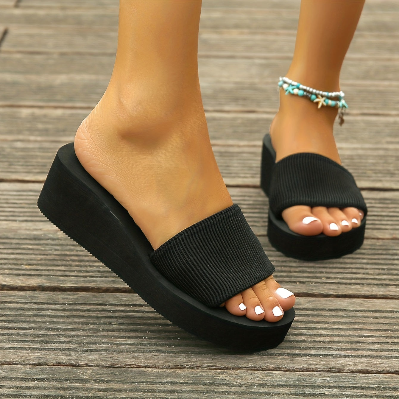 Women's Solid Color Flatform Sandals Slip On Open Toe Beach Shoes
