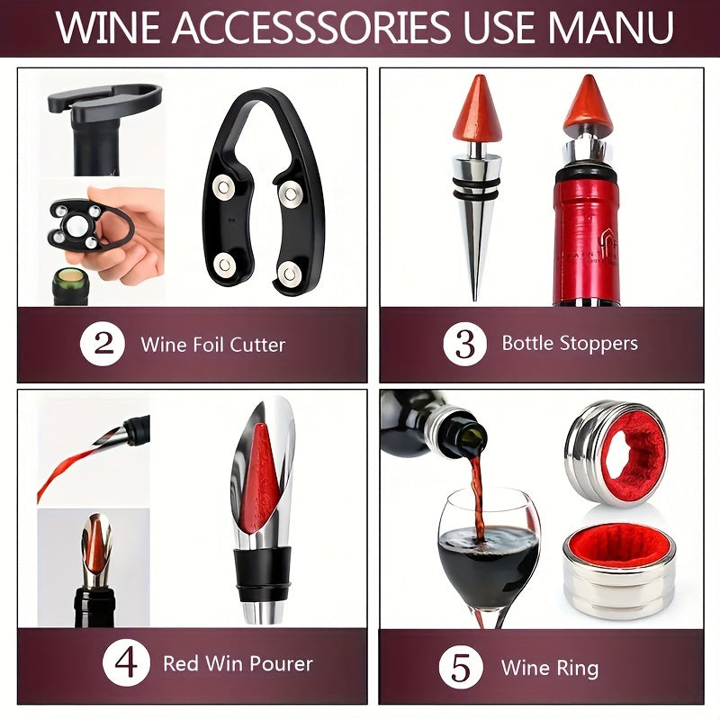 Red Wine Bottle Opener Set with Foil Cutter Drip Ring Pourer and Stopper 5 Pieces