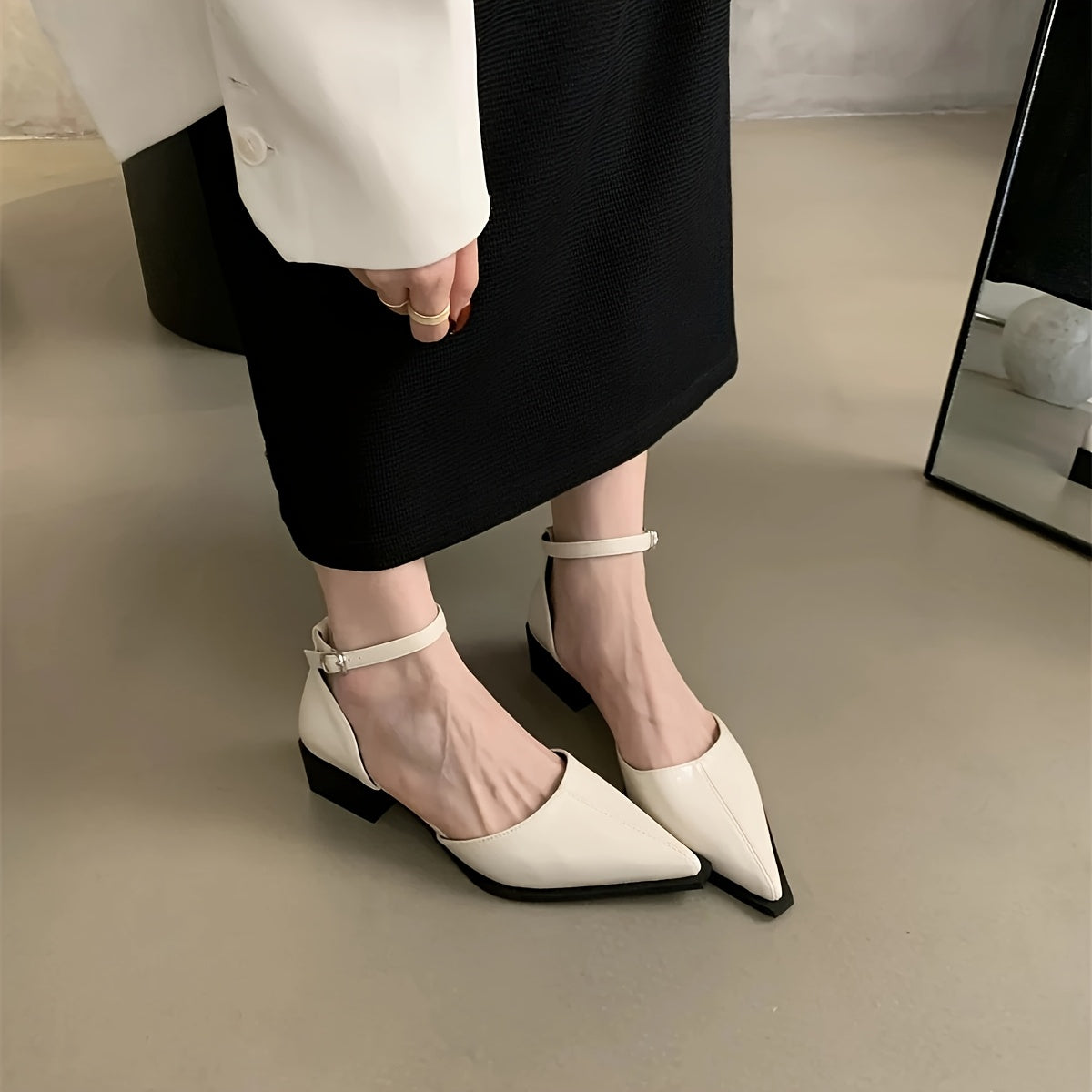 Women Black White Pointed Toe Mary Jane Shoes with Buckle for Formal Casual