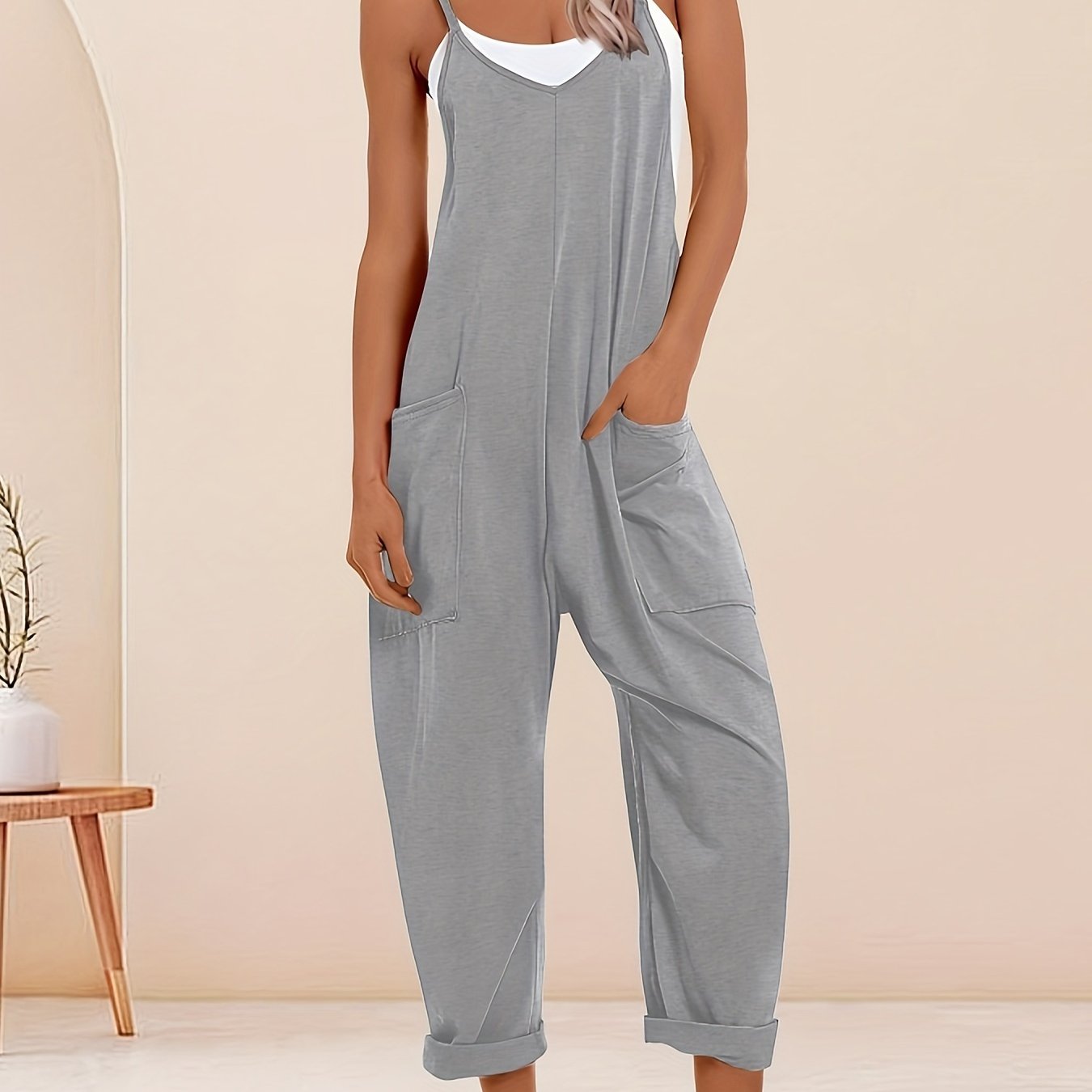 Mono de talla grande para mujer con tirantes finos, casual, de color sólido, verano