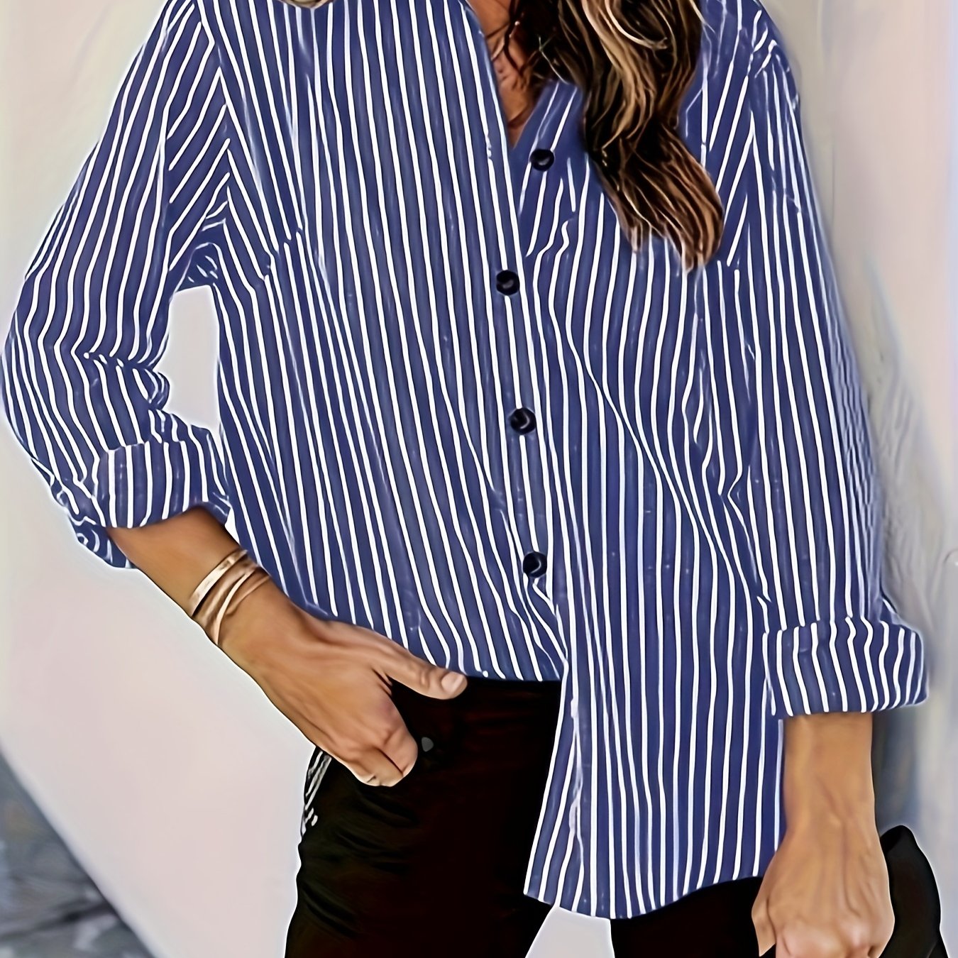 Women's Striped Light Polyester Long Sleeve Button-Up Shirt Casual Blouse