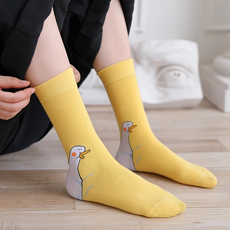 Women's Knee-High Socks with Goose Design Soft Knit Polyester Spandex