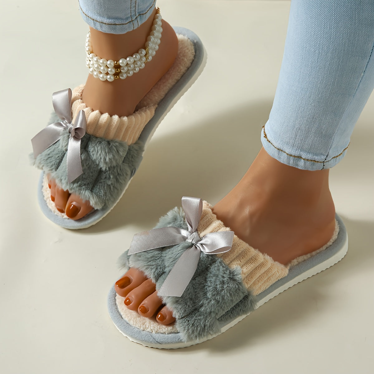 Women's Plush Slide Sandals with Bowknot, Grey and Cream Indoor Outdoor