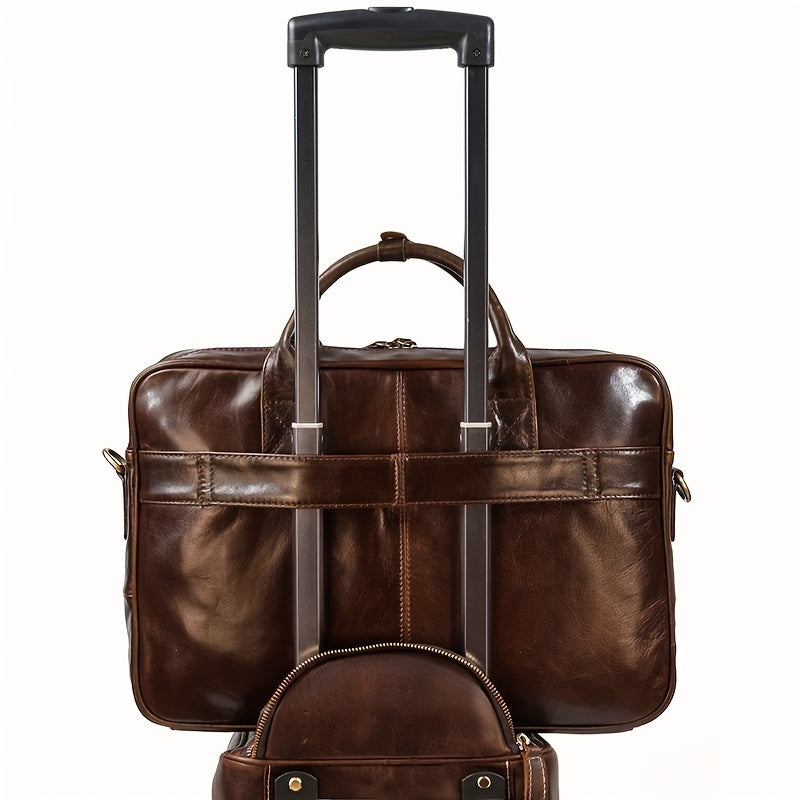 Men's Genuine Leather Briefcase with Laptop Compartment and Adjustable Shoulder Strap