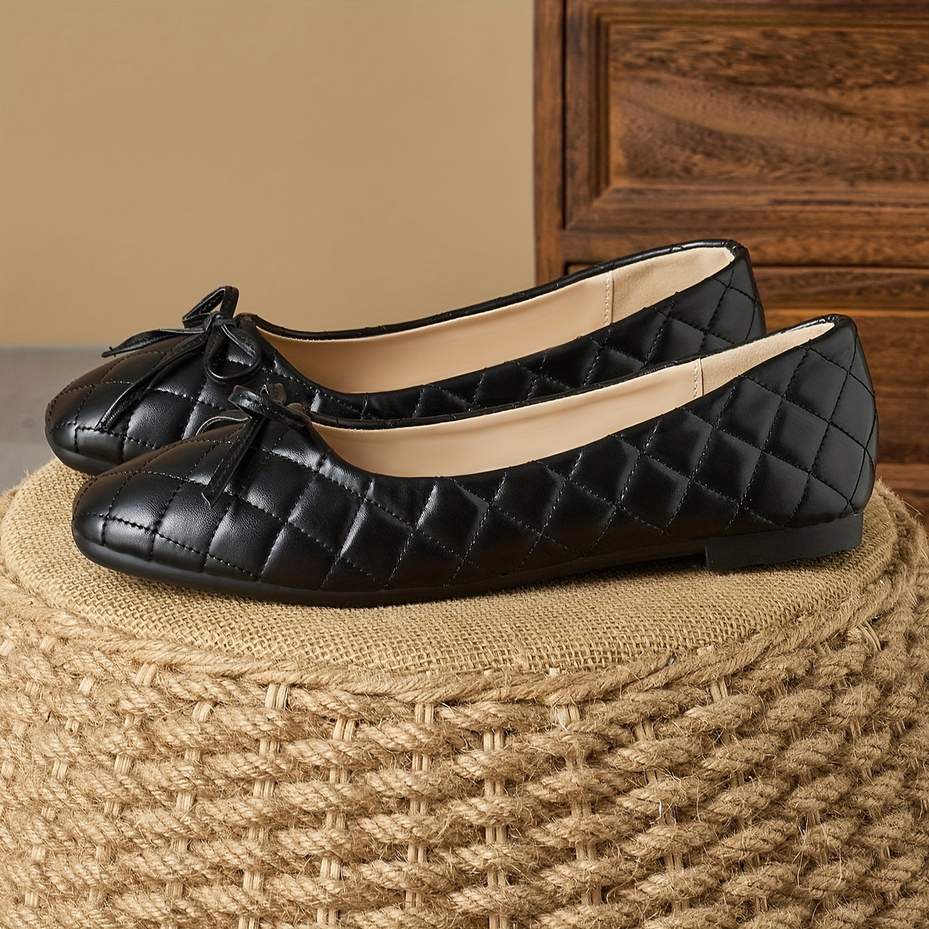 Women’s Black Quilted Slip-On Flats with Bow, Non-Slip Soft Sole