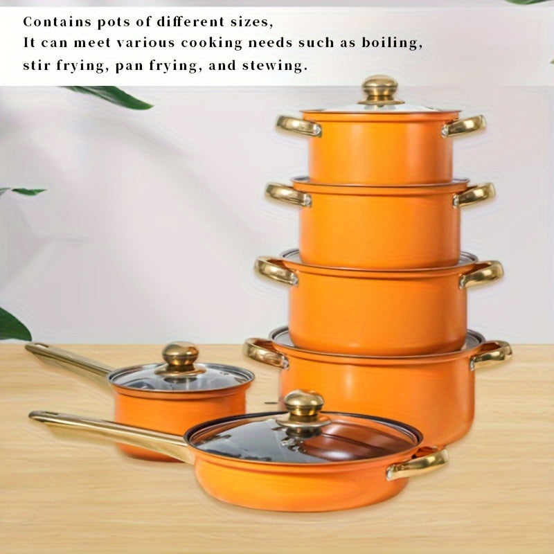 12-Piece Stainless Steel Cookware Set with Non-Stick Coating and Gold Handles