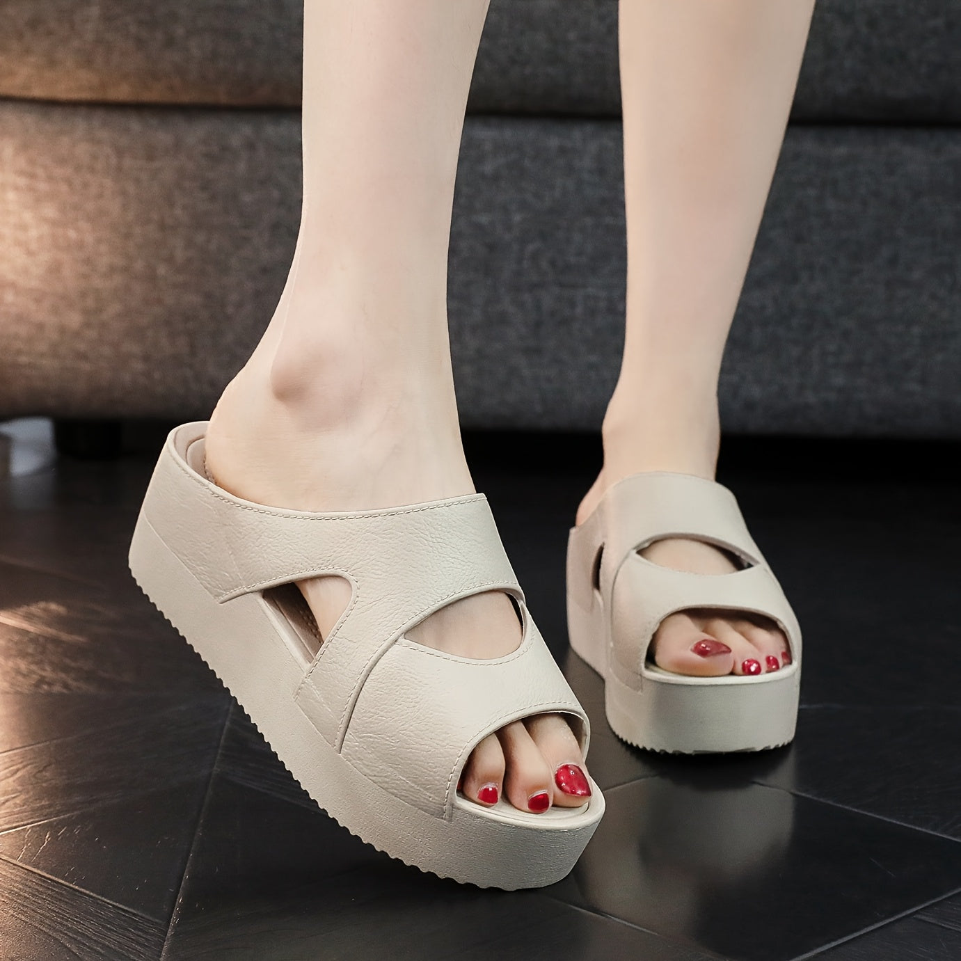 Women's PVC Thick-Soled Open-Toe Wedge Sandals Flat Casual Shoes