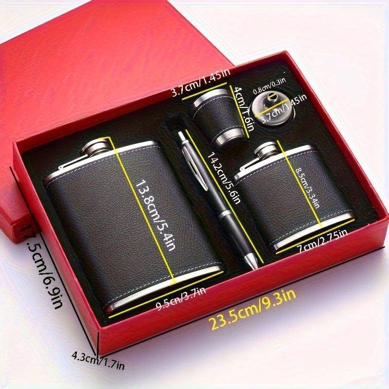 Black Leather Flask Gift Set 8oz and 30oz Stainless Steel with Cups and Chimney for Men and Women