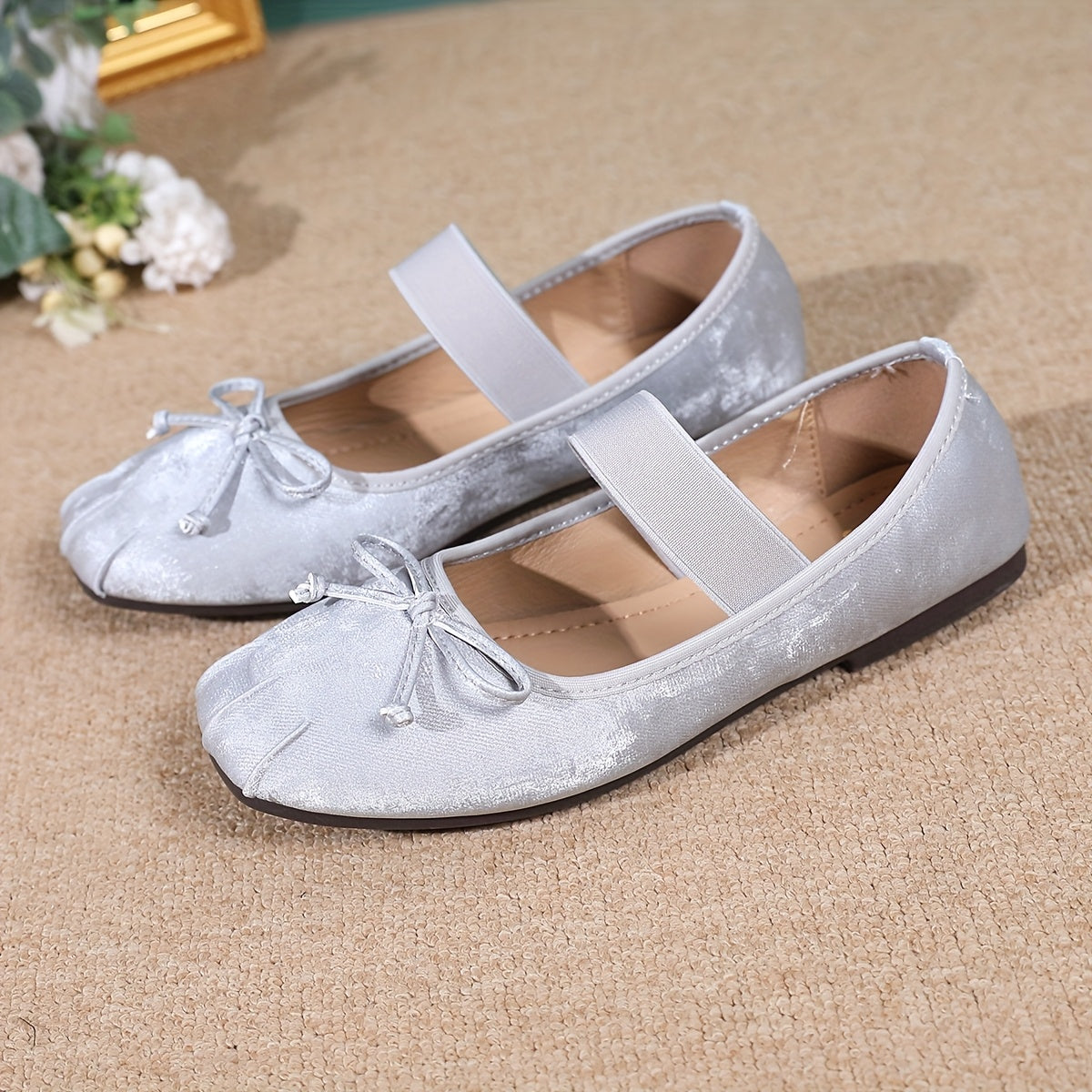 Женские балетные туфли с бантом, квадратный нос, синтетическая обивка, легкие туфли-слипоны