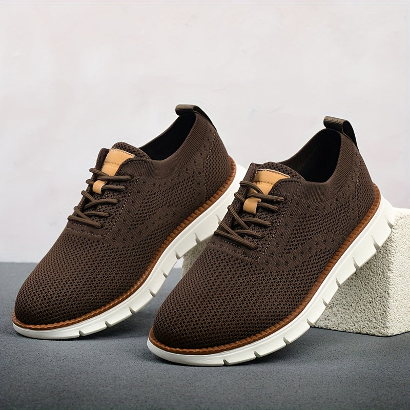 Men's Breathable Knit Business Casual Shoes Beige Brown Leather Upper EVA Sole Round Toe All-Season