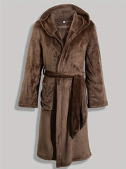 Men's Flannel Hooded Robe with Pockets Belt Casual Lounge Wear