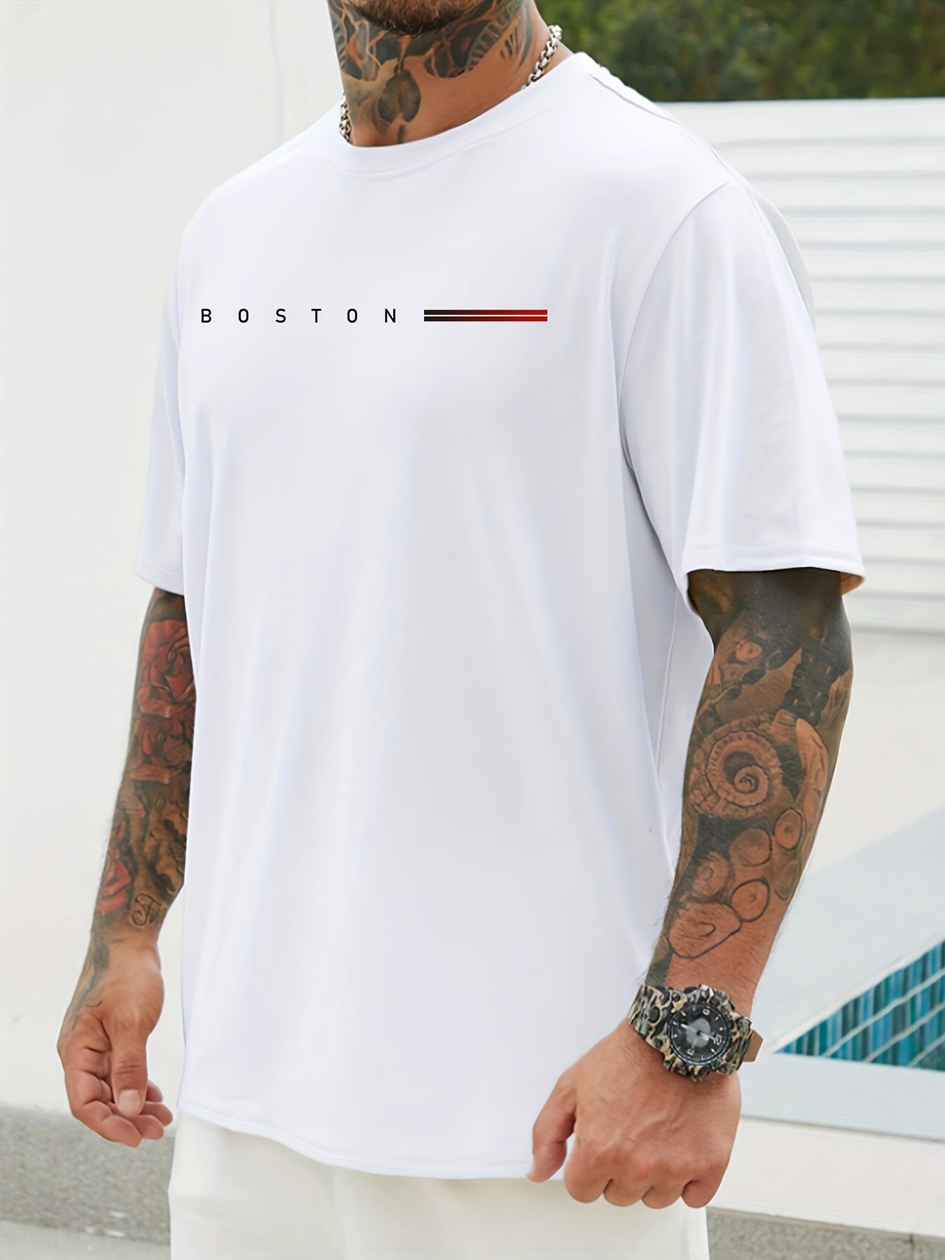 Men's Navy Blue Cotton Graphic T-Shirt with Red and White Stripes Casual Crew Neck Plus Size