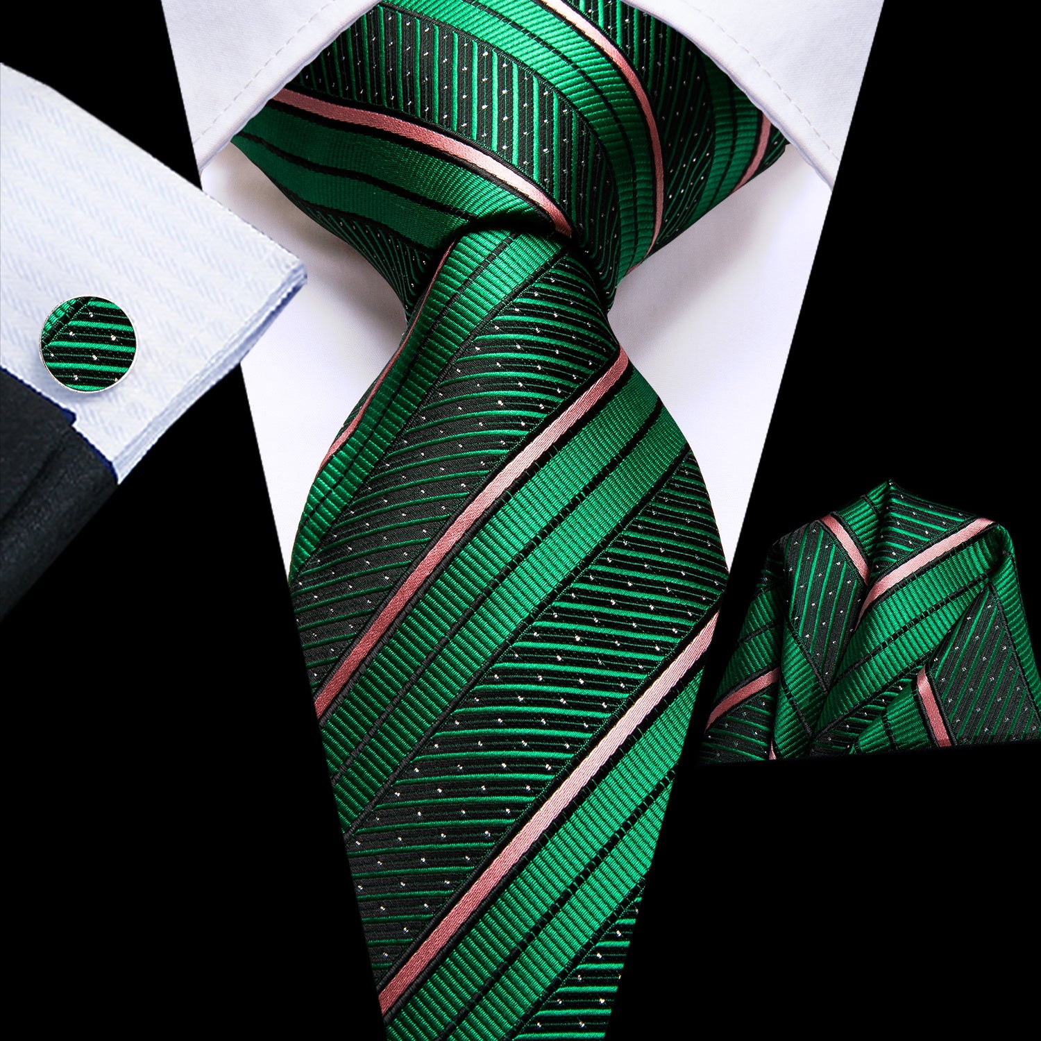 Striped Necktie Set with Cufflinks for Business, Parties, Weddings