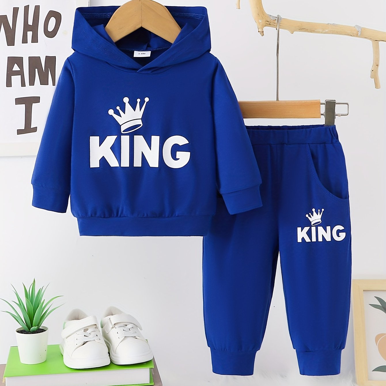 Baby Boy's Casual Outfit Set Cotton Hooded Sweatshirt and Pants with KING Print