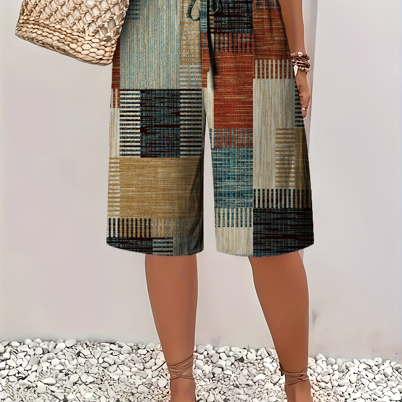 Women's Plus Size Bohemian Plaid Bermuda Shorts Navy Blue Elastic Waist Summer Vacation