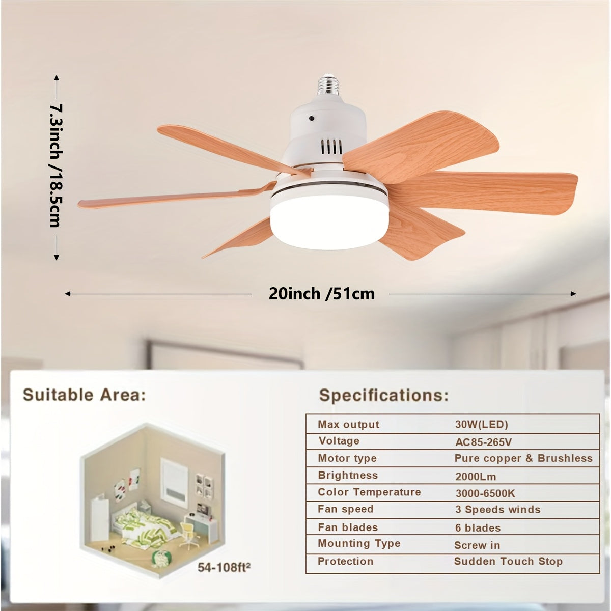 Wood Grain Ceiling Fan Light with Remote Control 5 Wooden Blades Cool Warm Light Modes
