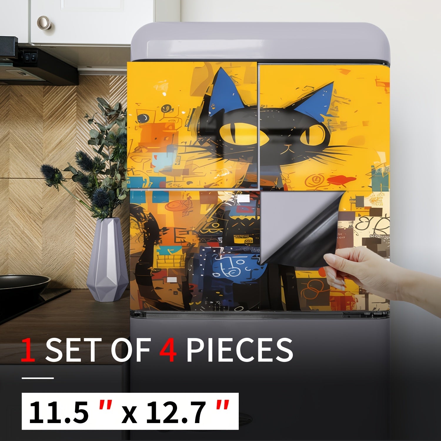 Set of 4 Black Cartoon Cat Magnetic Dishwasher Door Stickers for Easy Cleaning