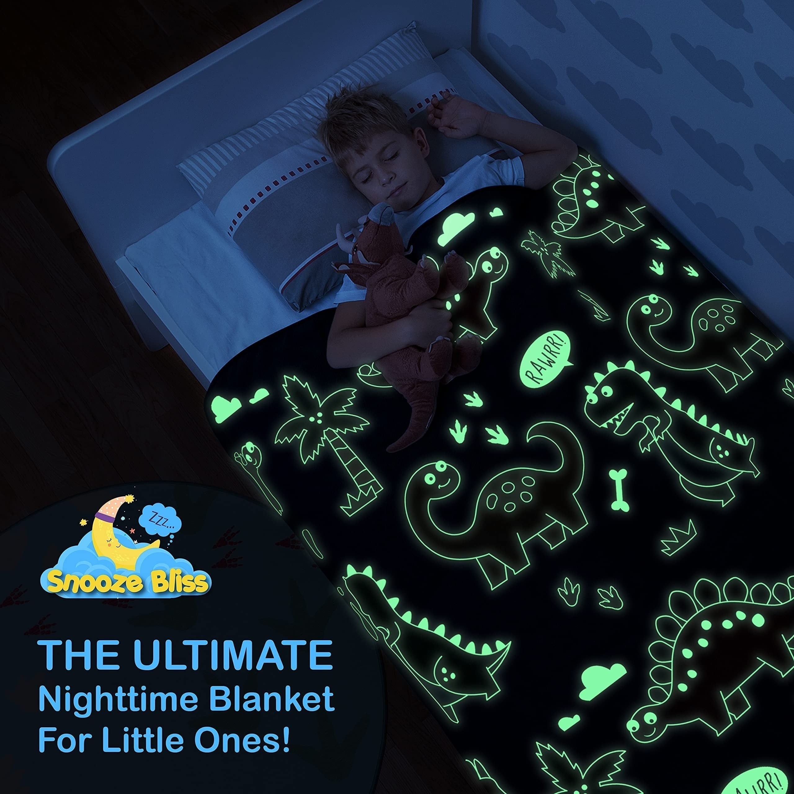 Kids' Glow-in-the-Dark Dinosaur Blanket with Cartoon Dinos and Palm Trees in 3 Sizes